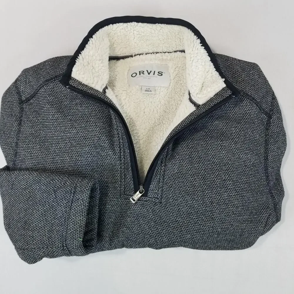 Orvis Pullover Sweater Mens Large Gray Sherpa Lined Quarter Zip Fleece Warm Cozy